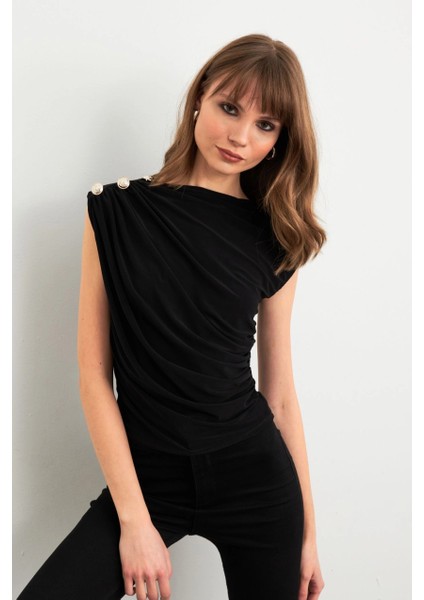 Kadın Siyah Düğme Detaylı Büzgülü Bluz LPP1205-1 fiyatları