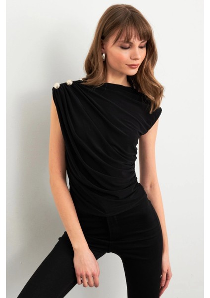 Kadın Siyah Düğme Detaylı Büzgülü Bluz LPP1205-1 modelleri