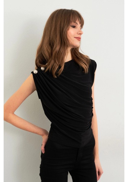 Kadın Siyah Düğme Detaylı Büzgülü Bluz LPP1205-1 indirimleri