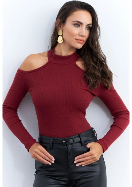 Kadın Bordo Omuzları Açık Kaşkorse Bluz EY2590 modelleri