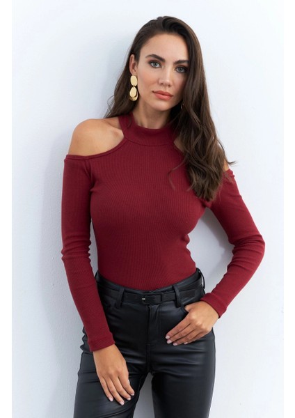 Kadın Bordo Omuzları Açık Kaşkorse Bluz EY2590 fırsatları