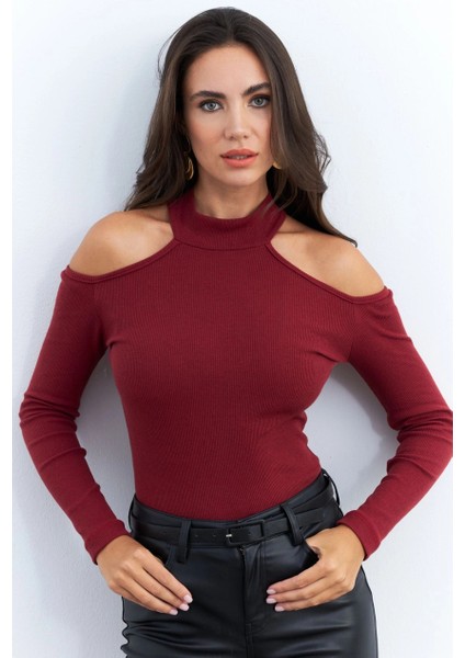 Kadın Bordo Omuzları Açık Kaşkorse Bluz EY2590 indirimleri