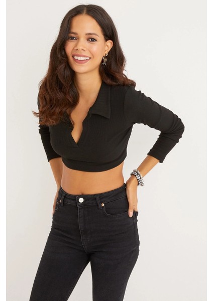 Kadın Siyah Polo Yaka Kaşkorse Crop Bluz Yİ2347