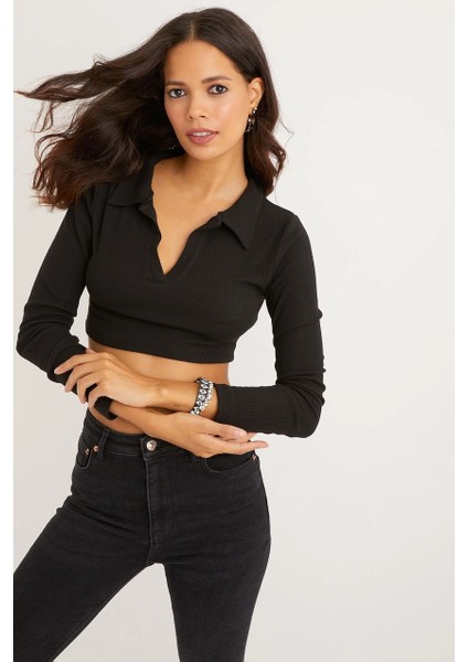 Kadın Siyah Polo Yaka Kaşkorse Crop Bluz Yİ2347 modelleri