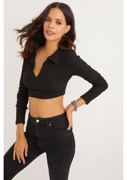Kadın Siyah Polo Yaka Kaşkorse Crop Bluz Yİ2347 fırsatları