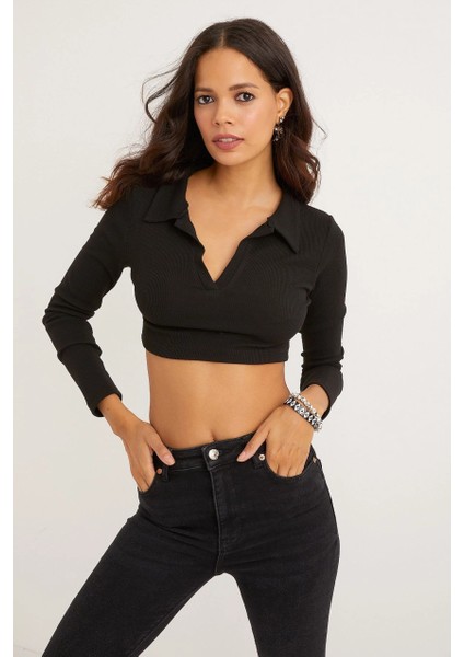 Kadın Siyah Polo Yaka Kaşkorse Crop Bluz Yİ2347 indirimleri