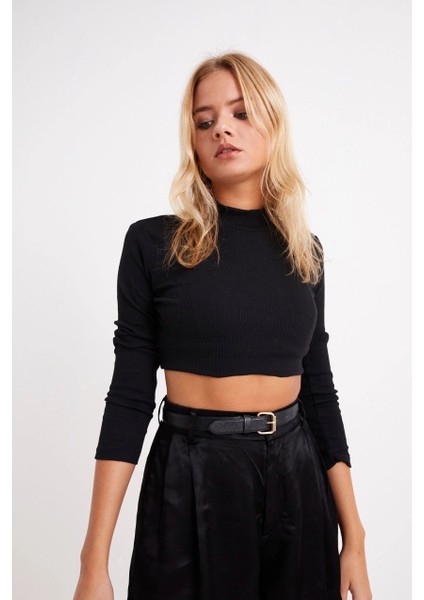 Kadın Siyah Yarım Balıkçı Crop Bluz CG113 fırsatları