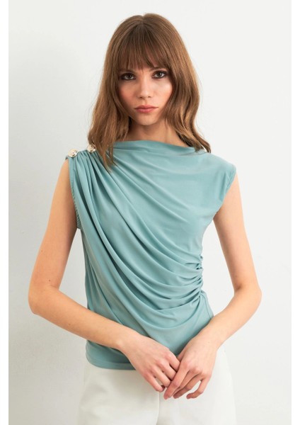 Kadın Mint Düğme Detaylı Büzgülü Bluz LPP1205-1