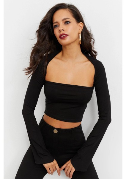 Kadın Siyah Pencereli Crop Bluz B1905 fırsatları