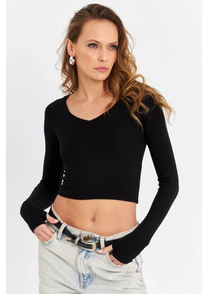 Kadın Siyah V Yaka Crop Bluz DMR389