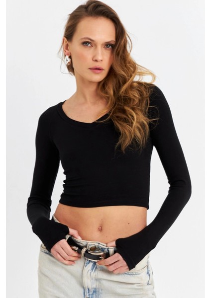 Kadın Siyah V Yaka Crop Bluz DMR389 modelleri