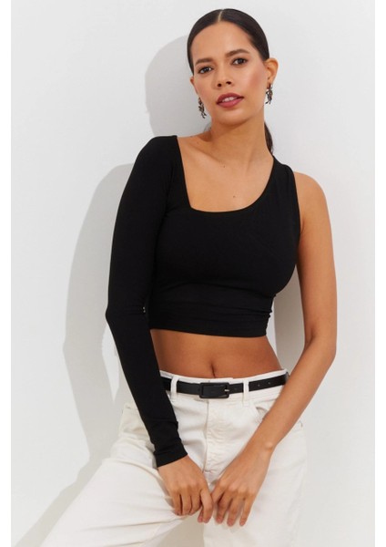 Kadın Siyah Tek Kol Asimetrik Crop Bluz BK1606