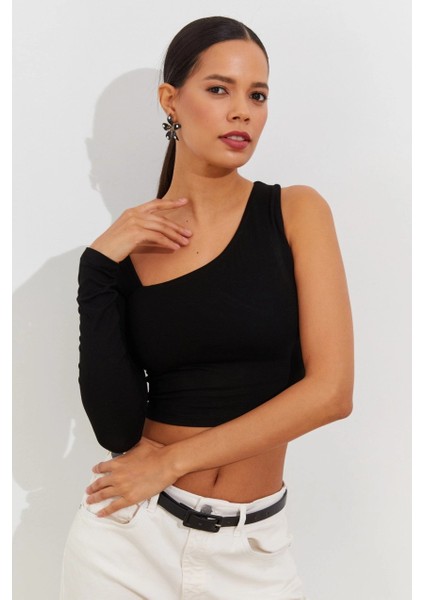 Kadın Siyah Tek Kol Asimetrik Crop Bluz BK1606 fiyatları