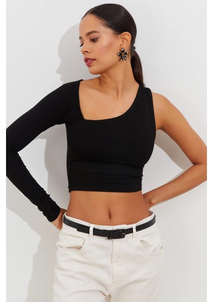Kadın Siyah Tek Kol Asimetrik Crop Bluz BK1606 fırsatları