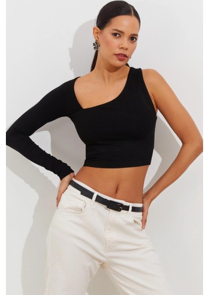 Kadın Siyah Tek Kol Asimetrik Crop Bluz BK1606 indirimleri