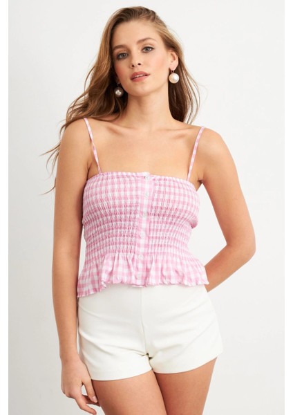 Kadın Pudra Ekose Lastikli Crop Bluz MTK13397