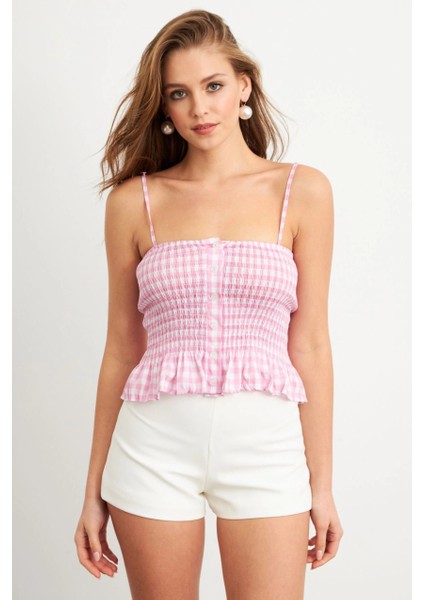 Kadın Pudra Ekose Lastikli Crop Bluz MTK13397