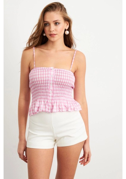 Kadın Pudra Ekose Lastikli Crop Bluz MTK13397