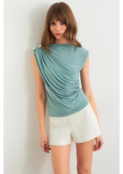 Kadın Mint Düğme Detaylı Büzgülü Bluz LPP1205-1 fiyatları