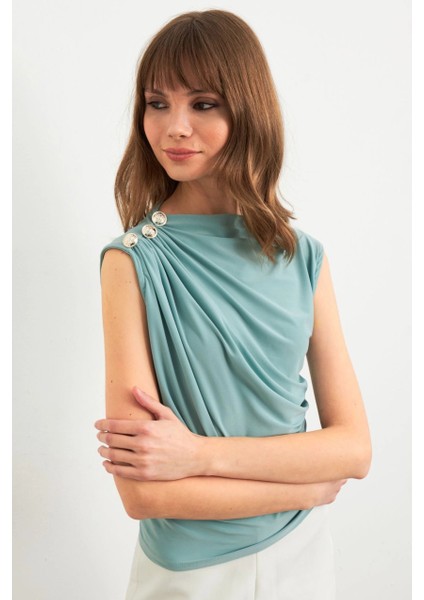 Kadın Mint Düğme Detaylı Büzgülü Bluz LPP1205-1 modelleri