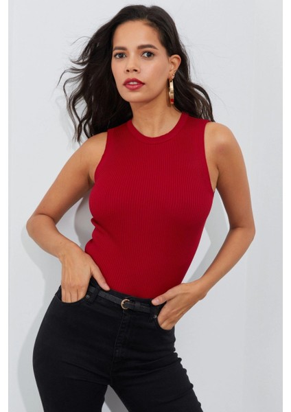 Kadın Kırmızı Bisiklet Yaka Triko Bluz YV91 modelleri
