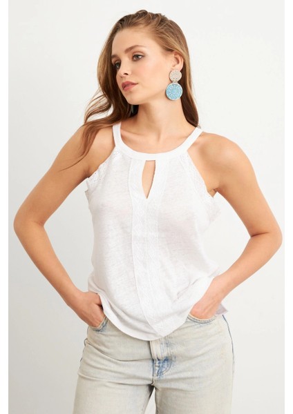 Kadın Ekru Dokuma Şeritli Bluz RX450
