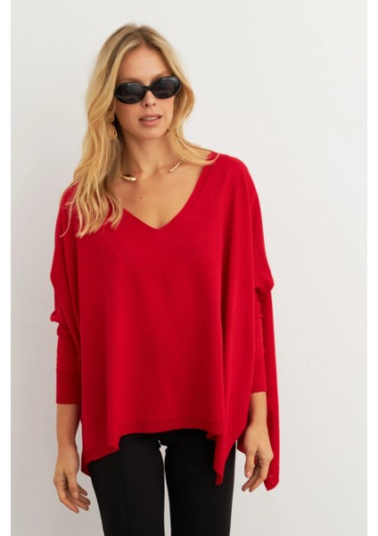 Kadın Kırmızı V Yaka Salaş Bluz YV304