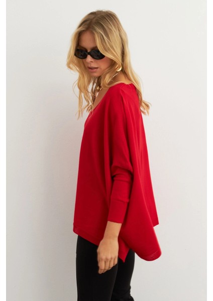 Kadın Kırmızı V Yaka Salaş Bluz YV304 indirimleri
