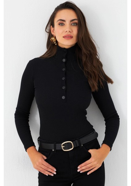 Kadın Siyah Çıtçıtlı Kaşkorse Bluz EY2983
