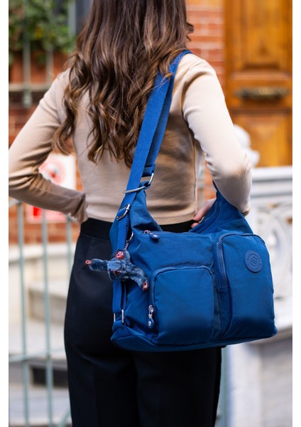 Kadın Bölmeli Suya Dayanıklı Krinkıl Kumaş Çapraz Askılı Navy Omuz ve Sırt Çantası