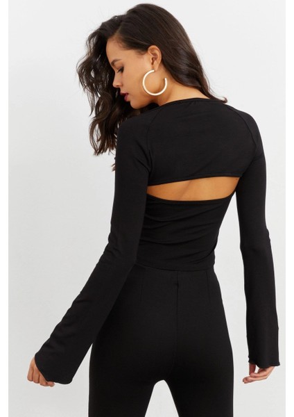 Kadın Siyah Pencereli Crop Bluz Kare Yaka İnce Elastan Slim Fit indirimleri