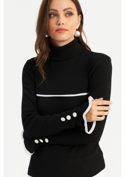 Kadın Siyah Balıkçı Kaşkorse Bluz EY2949