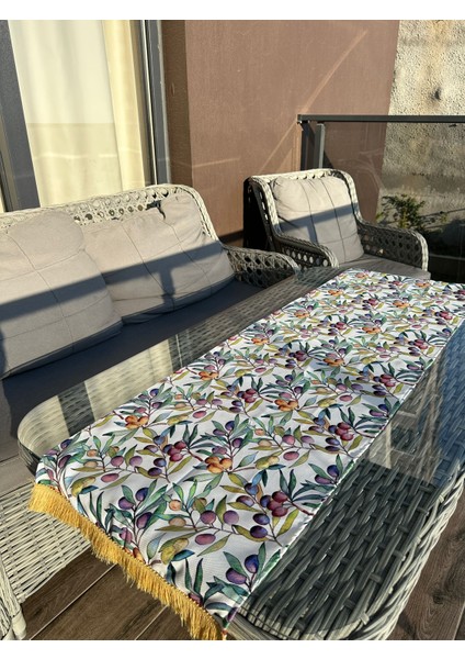 135X43 cm Sarı Püsküllü Zeytin Baskılı Runner