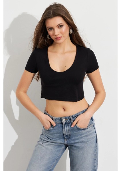 Kadın Siyah V Yaka Crop Bluz TOP101 fiyatları