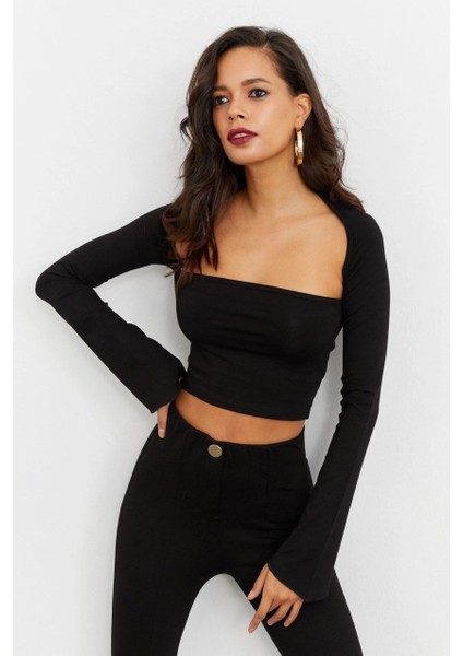 Kadın Crop Bluz Siyah Kare Yaka İnce Elastan Uzun Kol Slim Fit