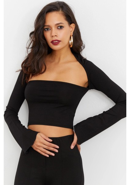 Kadın Crop Bluz Siyah Kare Yaka İnce Elastan Uzun Kol Slim Fit fiyatları