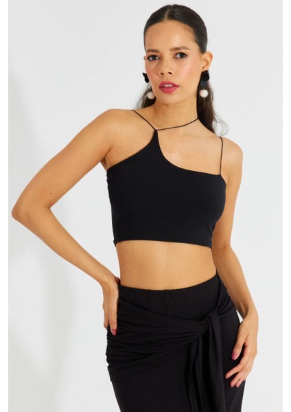Kadın Siyah İp Askılı Crop Bluz B2594