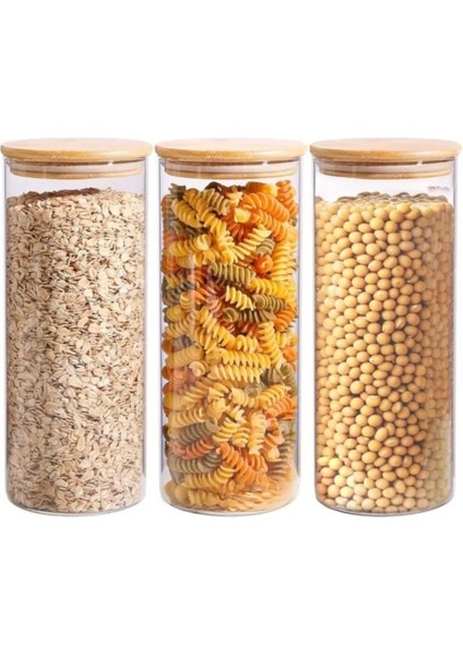 1400 cc - (3'lü Set) Borosilkat Cam Baharatlık - Bambu Kapaklı - Saklama Kabı - (9 cm x 22 Cm)