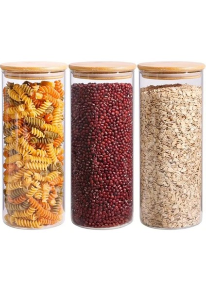 1400 cc - (3'lü Set) Borosilkat Cam Baharatlık - Bambu Kapaklı - Saklama Kabı - (9 cm x 22 Cm)