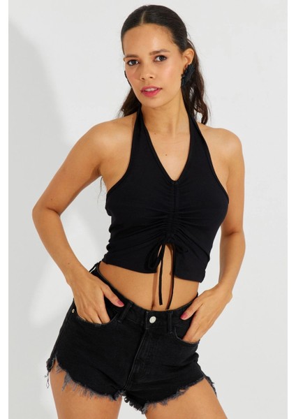 Kadın Siyah Sırtı Açık Crop Bluz B2697