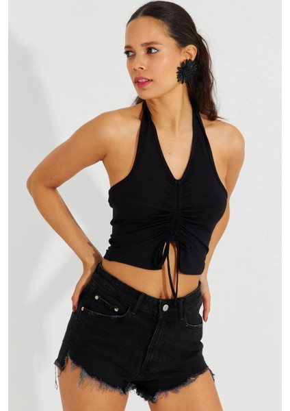 Kadın Siyah Sırtı Açık Crop Bluz B2697 modelleri