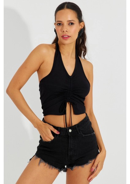 Kadın Siyah Sırtı Açık Crop Bluz B2697 fırsatları