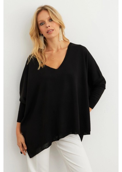 Kadın Siyah V Yaka Salaş Bluz YV304