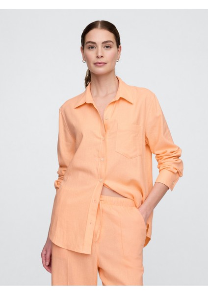 Kadın Turuncu Keten Karışımı Easy Gömlek