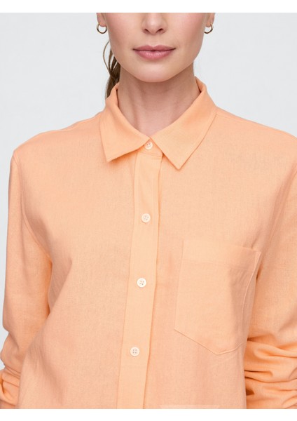 Kadın Turuncu Keten Karışımı Easy Gömlek modelleri
