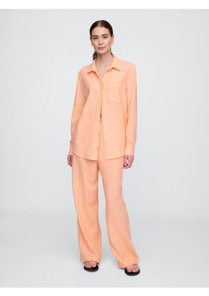 Kadın Turuncu Keten Karışımı Easy Gömlek fırsatları