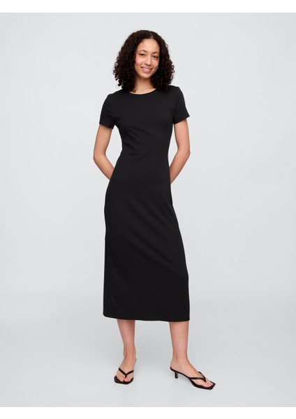 Kadın Siyah Fitilli Midi Elbise