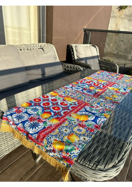 135X43 cm Seramik Motifler ve Limon Baskılı Püsküllü Runner modelleri