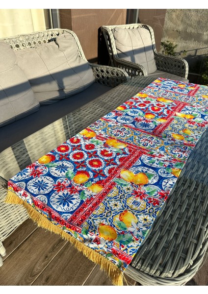 135X43 cm Seramik Motifler ve Limon Baskılı Püsküllü Runner