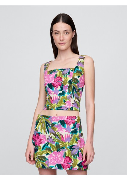 Kadın Pembe Keten Karışımlı Crop Bluz